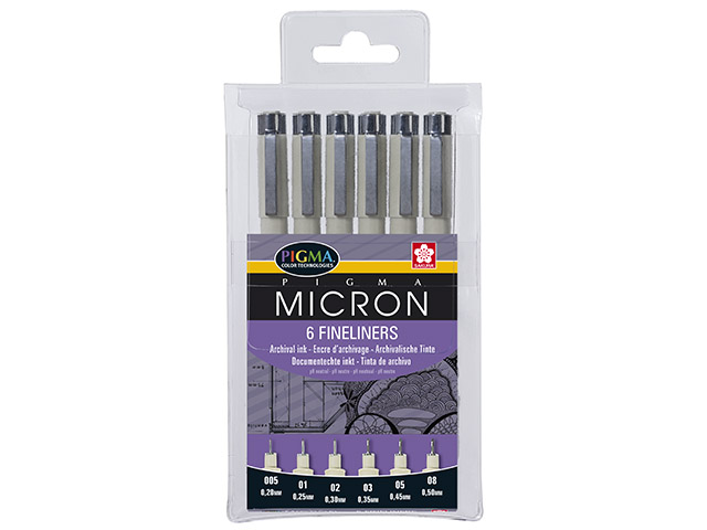 6 pigma micron fineliners zwart in etui