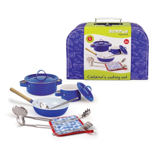 Kookset blauw metaal 8 dlg. in koffer